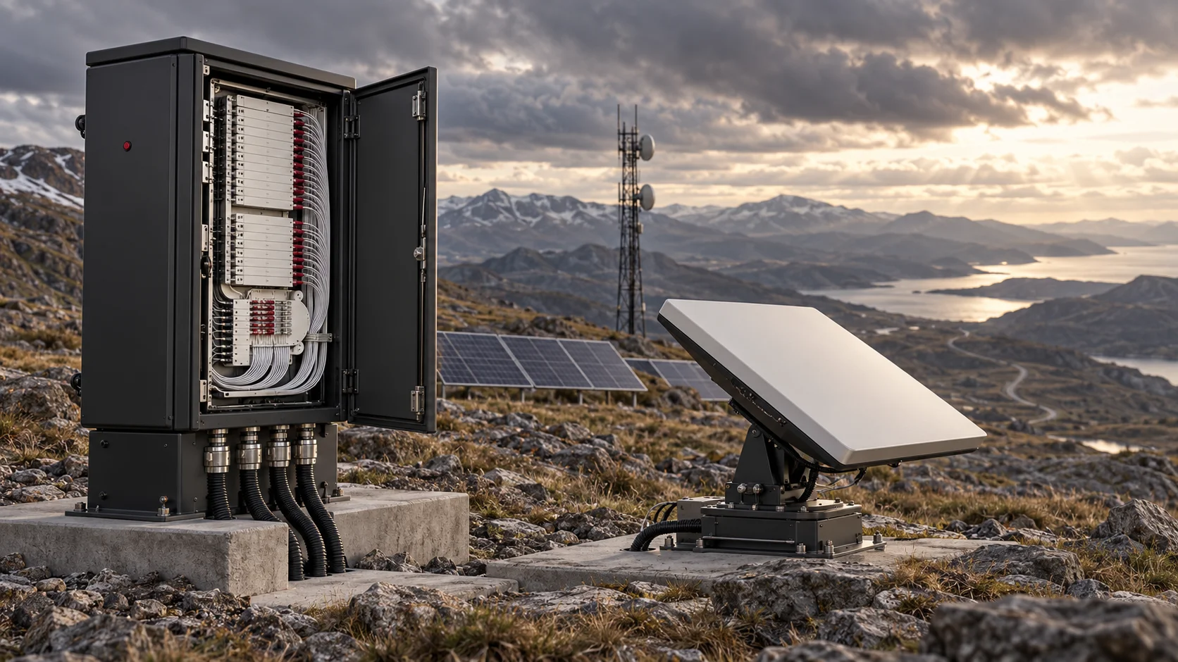 A ground network terminal and fiber infrastructure beside a remote landscape